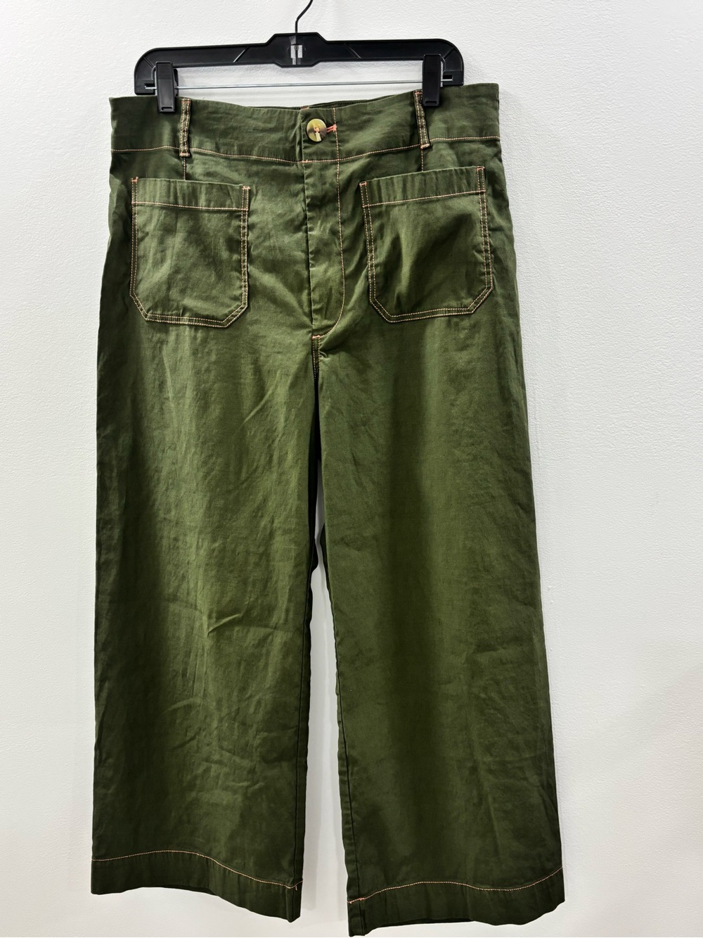 Anthropologie Maeve The Colette Crop Wide-Leg Pants Contrast Stitch Olive 32 - Picture 5 of 11